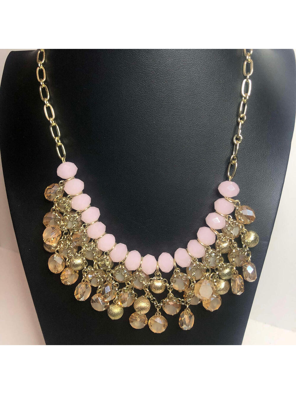 1361 TALBOTS gold tone pink bead dangle drop bib necklace 18-21"